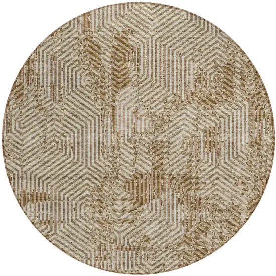 8' Brown And Beige Round Geometric Washable Indoor Outdoor Area Rug Photo 2