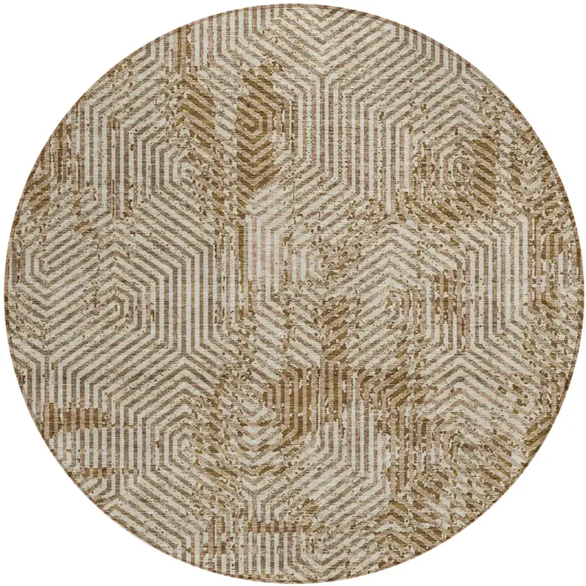 8' Brown And Beige Round Geometric Washable Indoor Outdoor Area Rug Photo 2