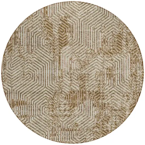 8' Brown And Beige Round Geometric Washable Indoor Outdoor Area Rug Photo 6