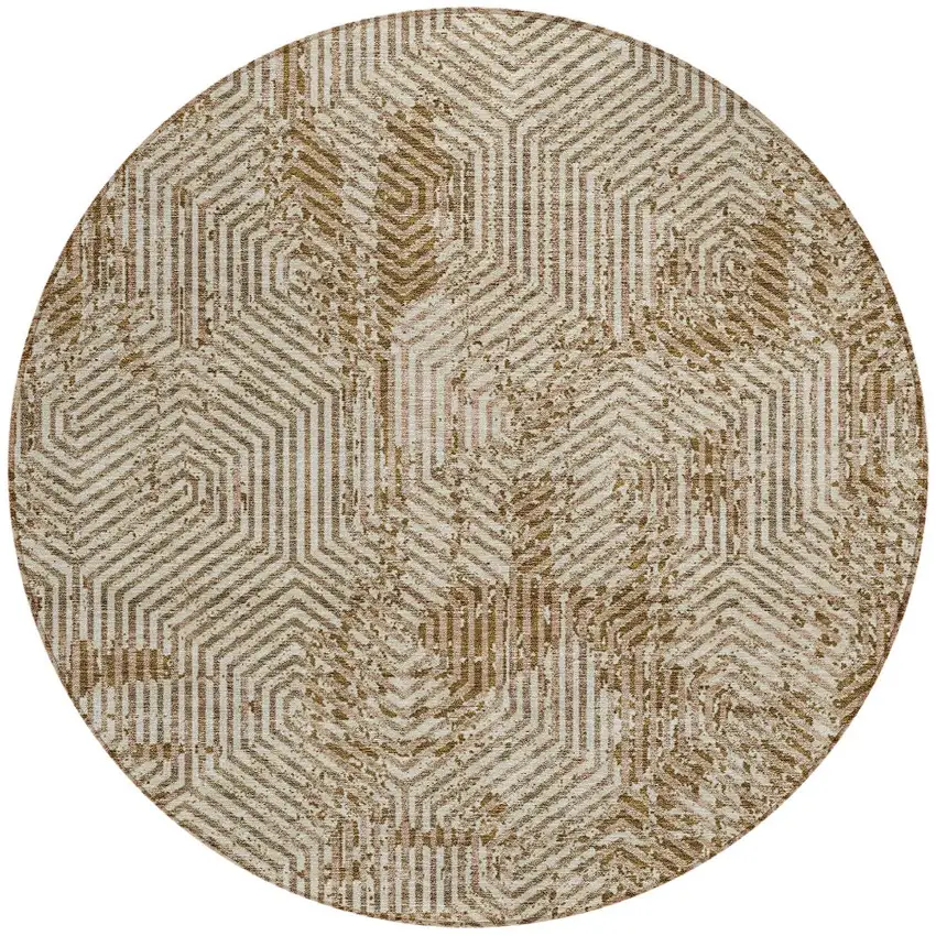 8' Brown And Beige Round Geometric Washable Indoor Outdoor Area Rug Photo 6