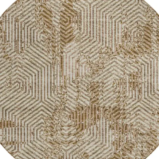 8' Brown And Beige Round Geometric Washable Indoor Outdoor Area Rug Photo 5