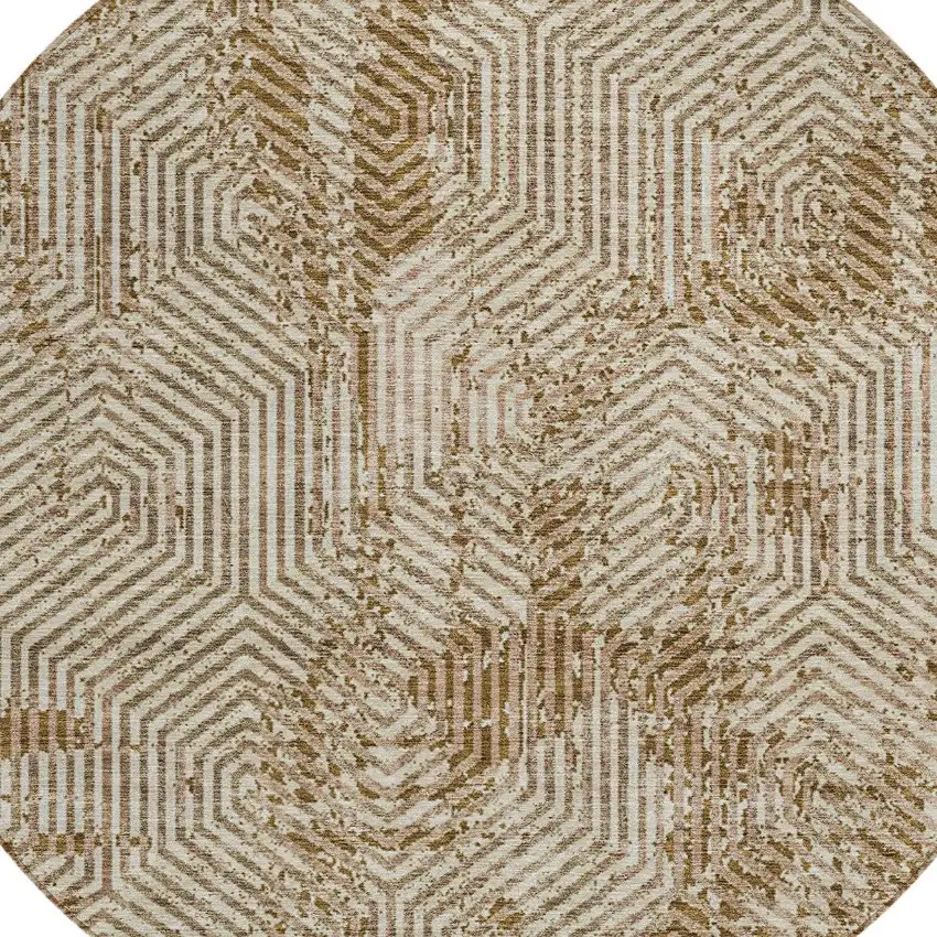 8' Brown And Beige Round Geometric Washable Indoor Outdoor Area Rug Photo 5