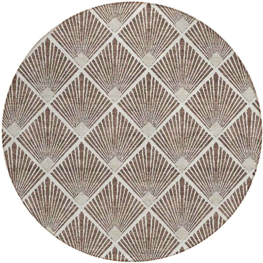 8' Brown And Beige Round Geometric Washable Indoor Outdoor Area Rug Photo 2