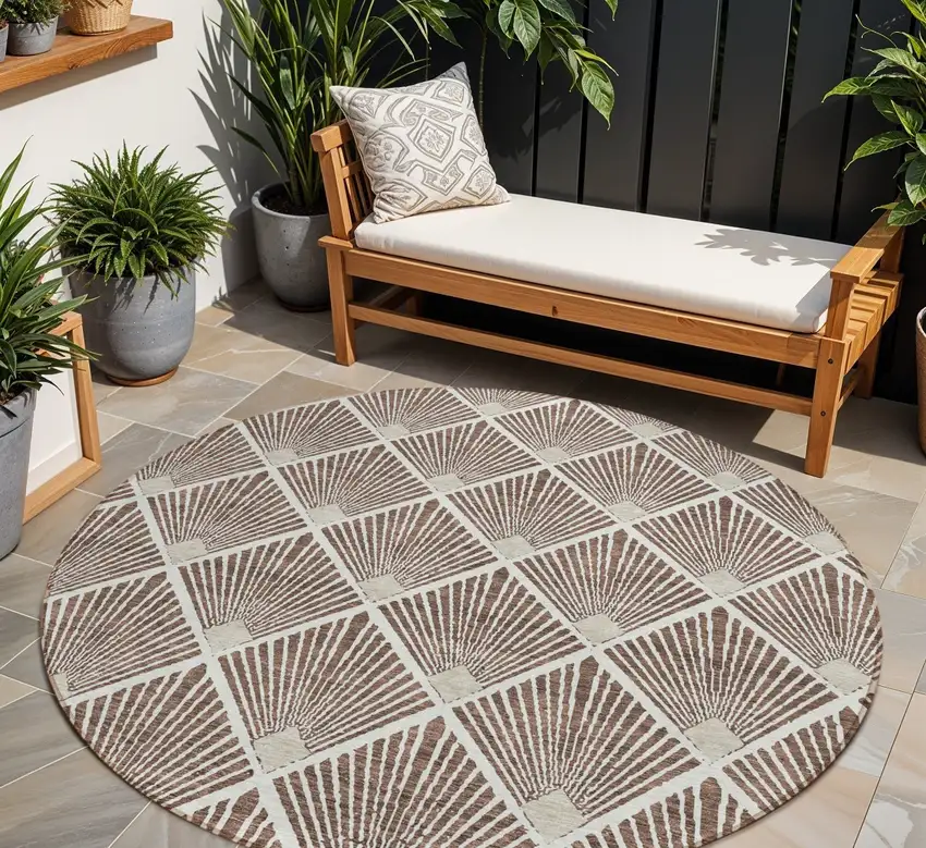 8' Brown And Beige Round Geometric Washable Indoor Outdoor Area Rug Photo 1