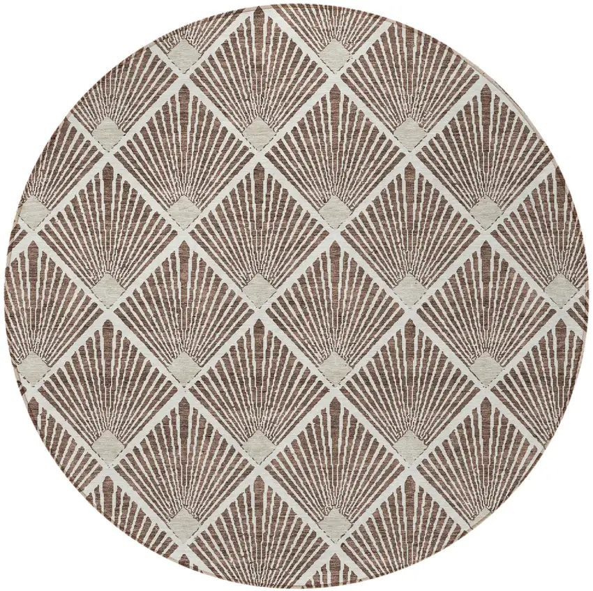 8' Brown And Beige Round Geometric Washable Indoor Outdoor Area Rug Photo 6