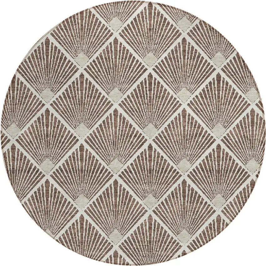 8' Brown And Beige Round Geometric Washable Indoor Outdoor Area Rug Photo 5