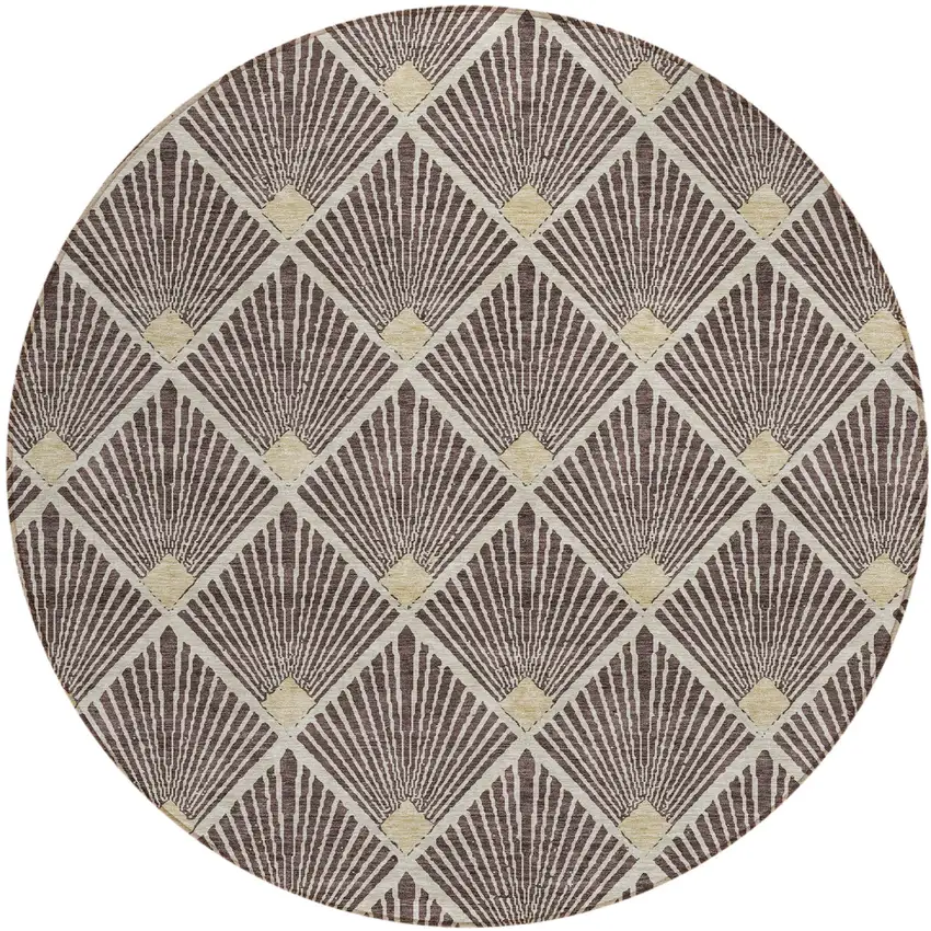 8' Brown And Beige Round Geometric Washable Indoor Outdoor Area Rug Photo 2