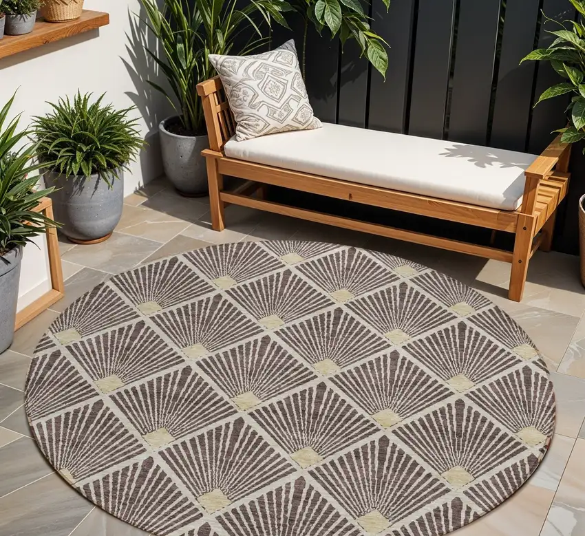 8' Brown And Beige Round Geometric Washable Indoor Outdoor Area Rug Photo 1