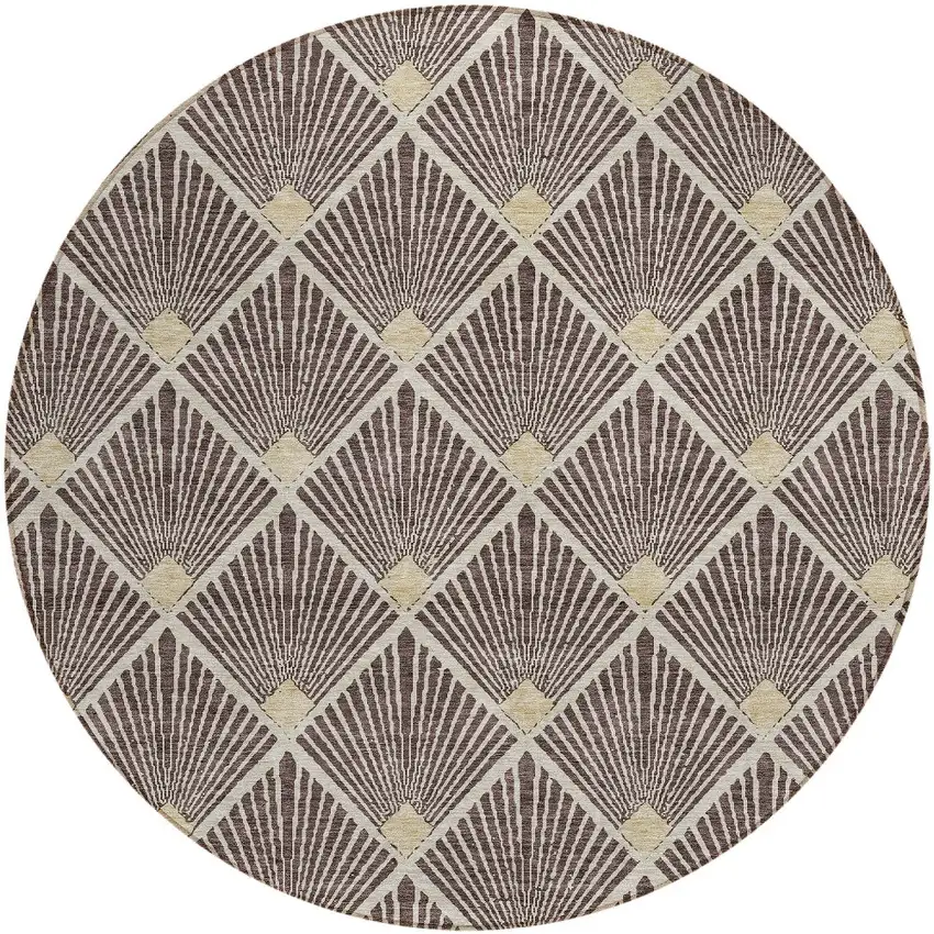 8' Brown And Beige Round Geometric Washable Indoor Outdoor Area Rug Photo 6
