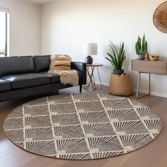 8' Brown And Beige Round Geometric Washable Indoor Outdoor Area Rug Photo 8