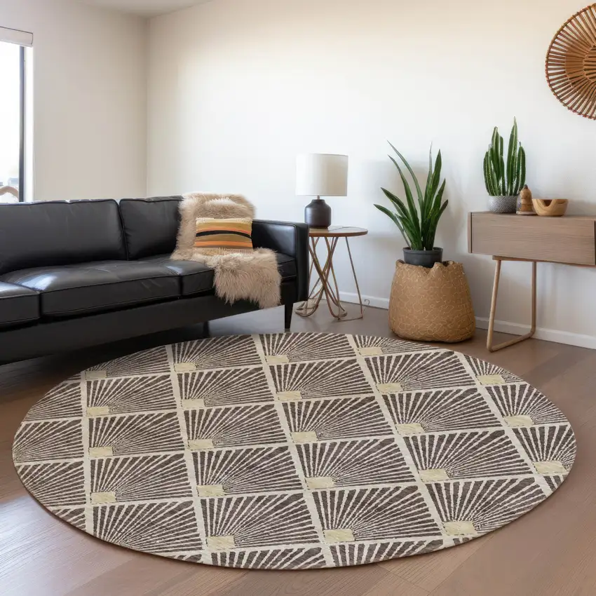 8' Brown And Beige Round Geometric Washable Indoor Outdoor Area Rug Photo 8