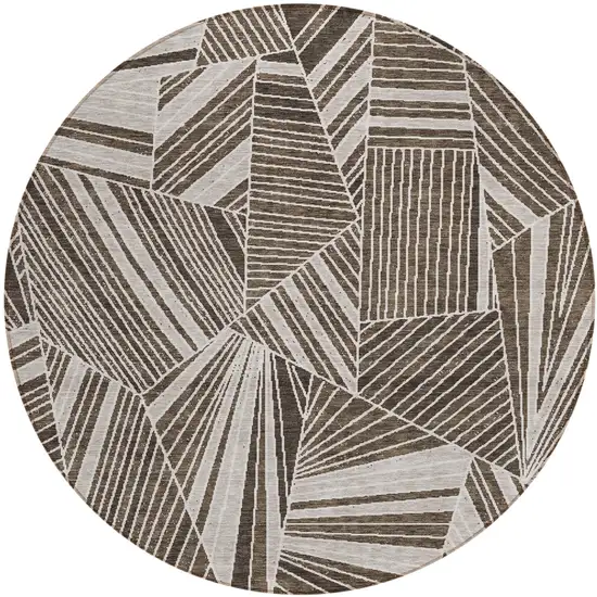8' Brown And Beige Round Geometric Washable Indoor Outdoor Area Rug Photo 2