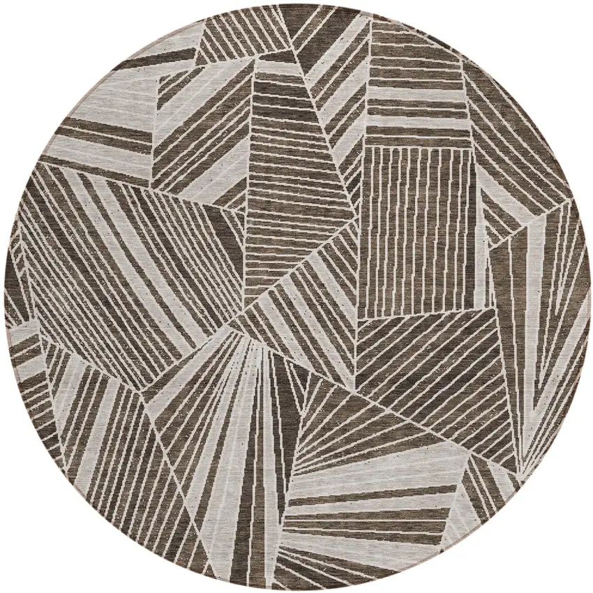 8' Brown And Beige Round Geometric Washable Indoor Outdoor Area Rug Photo 2