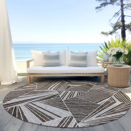 8' Brown And Beige Round Geometric Washable Indoor Outdoor Area Rug Photo 7