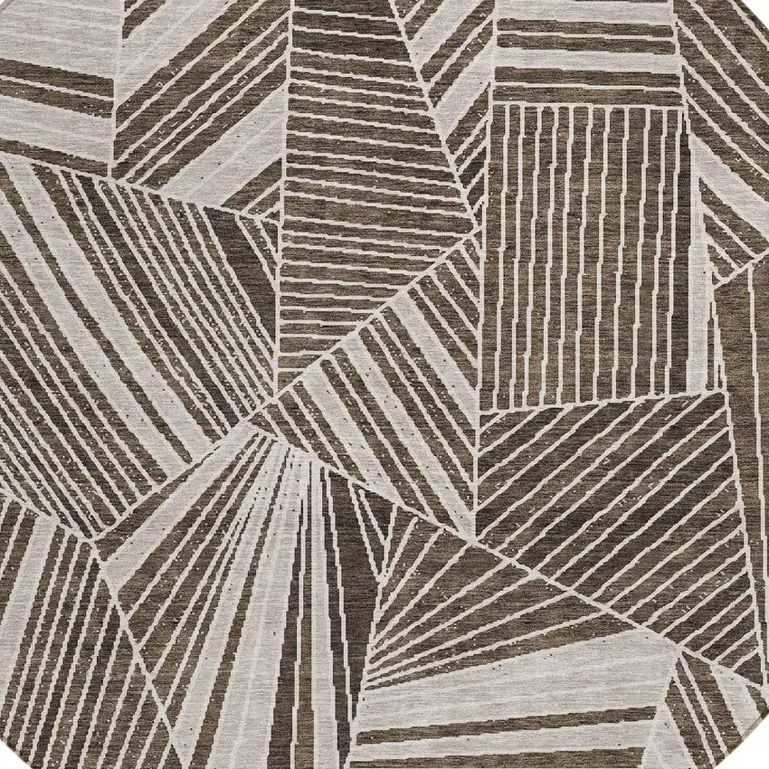 8' Brown And Beige Round Geometric Washable Indoor Outdoor Area Rug Photo 4
