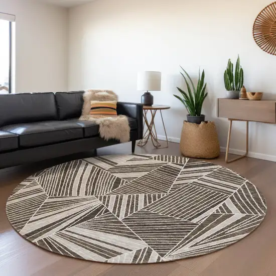 8' Brown And Beige Round Geometric Washable Indoor Outdoor Area Rug Photo 8