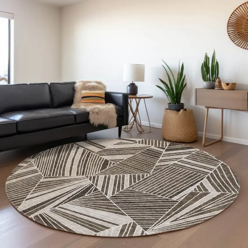 8' Brown And Beige Round Geometric Washable Indoor Outdoor Area Rug Photo 8