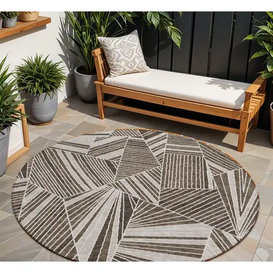 8' Brown And Beige Round Geometric Washable Indoor Outdoor Area Rug Photo 1