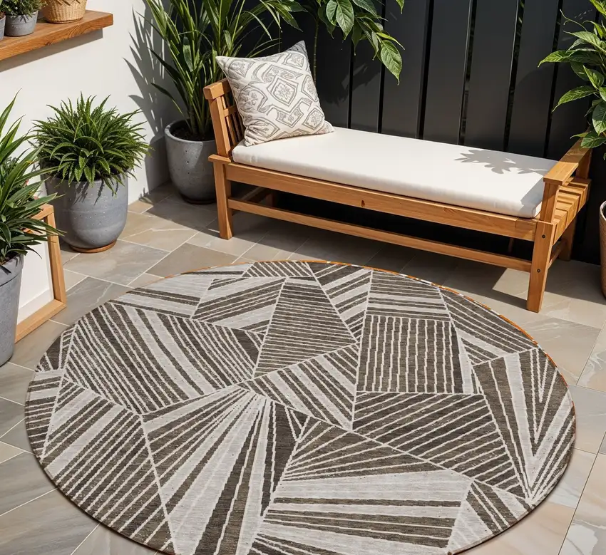 8' Brown And Beige Round Geometric Washable Indoor Outdoor Area Rug Photo 1