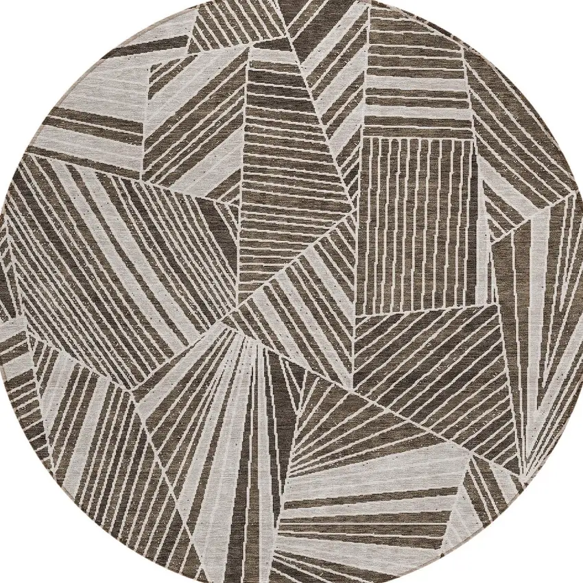 8' Brown And Beige Round Geometric Washable Indoor Outdoor Area Rug Photo 6