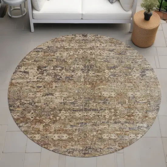 8' Brown And Beige Round Ikat Washable Indoor Outdoor Area Rug Photo 8