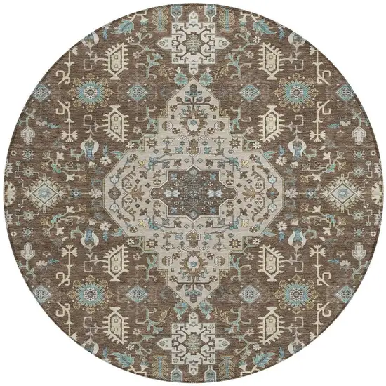 8' Brown And Beige Round Medallion Washable Indoor Outdoor Area Rug Photo 3