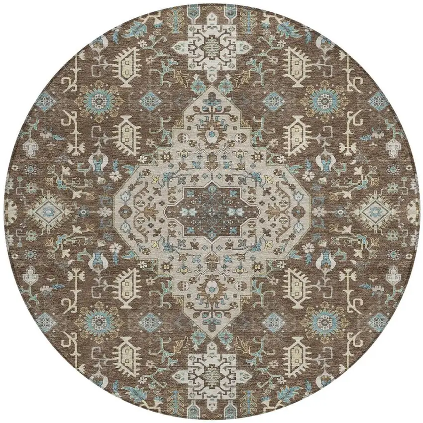 8' Brown And Beige Round Medallion Washable Indoor Outdoor Area Rug Photo 3