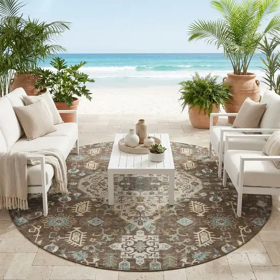 8' Brown And Beige Round Medallion Washable Indoor Outdoor Area Rug Photo 1