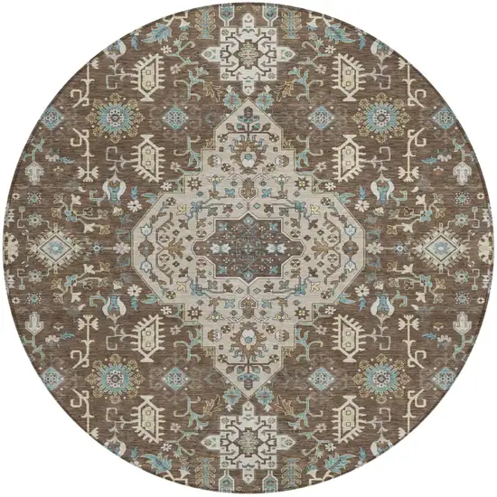 8' Brown And Beige Round Medallion Washable Indoor Outdoor Area Rug Photo 2