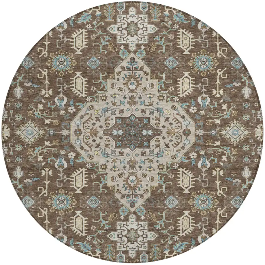 8' Brown And Beige Round Medallion Washable Indoor Outdoor Area Rug Photo 2