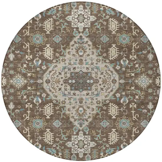 8' Brown And Beige Round Medallion Washable Indoor Outdoor Area Rug Photo 4