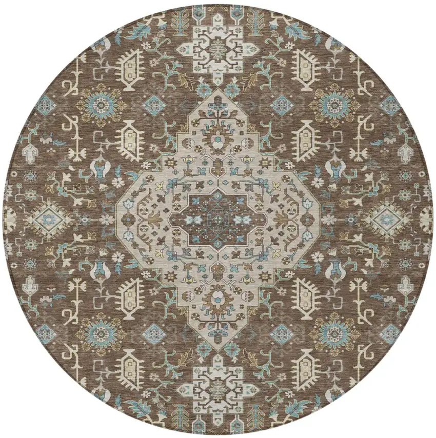 8' Brown And Beige Round Medallion Washable Indoor Outdoor Area Rug Photo 4