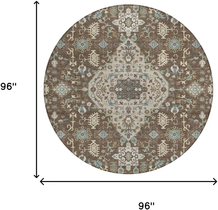 8' Brown And Beige Round Medallion Washable Indoor Outdoor Area Rug Photo 7