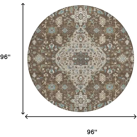 8' Brown And Beige Round Medallion Washable Indoor Outdoor Area Rug Photo 7