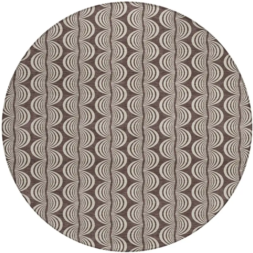 8' Brown And Beige Round Ogee Washable Indoor Outdoor Area Rug Photo 2