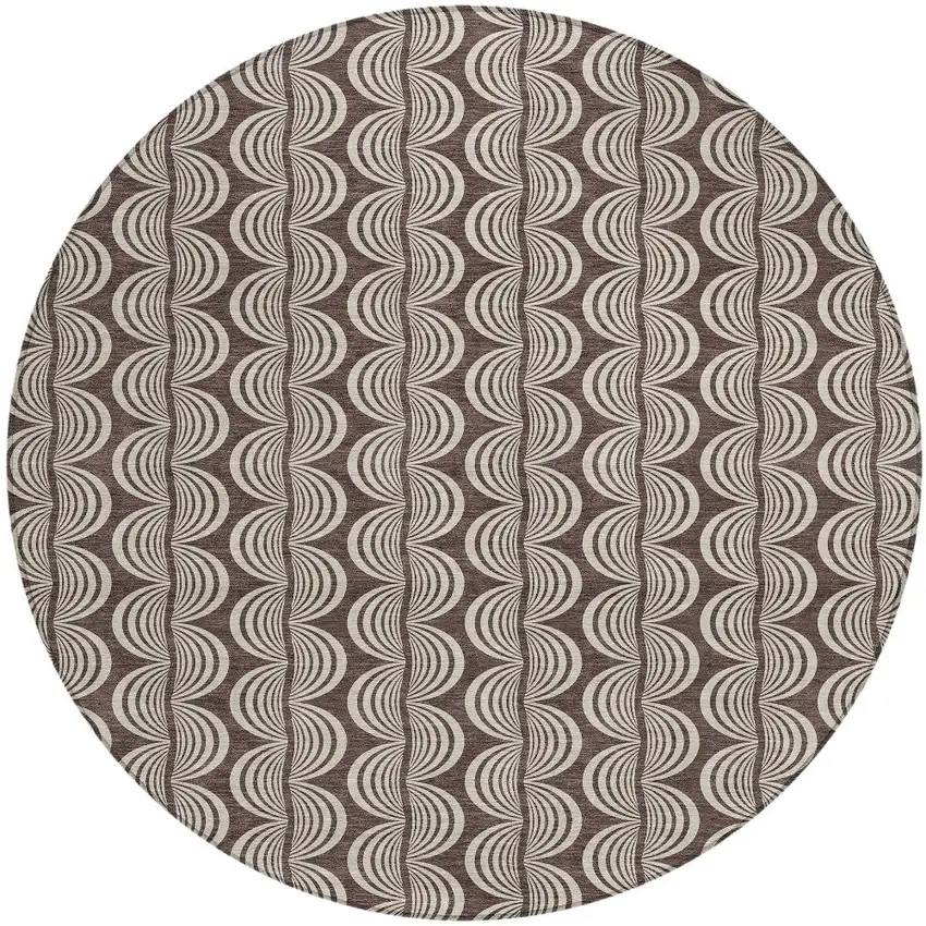 8' Brown And Beige Round Ogee Washable Indoor Outdoor Area Rug Photo 6