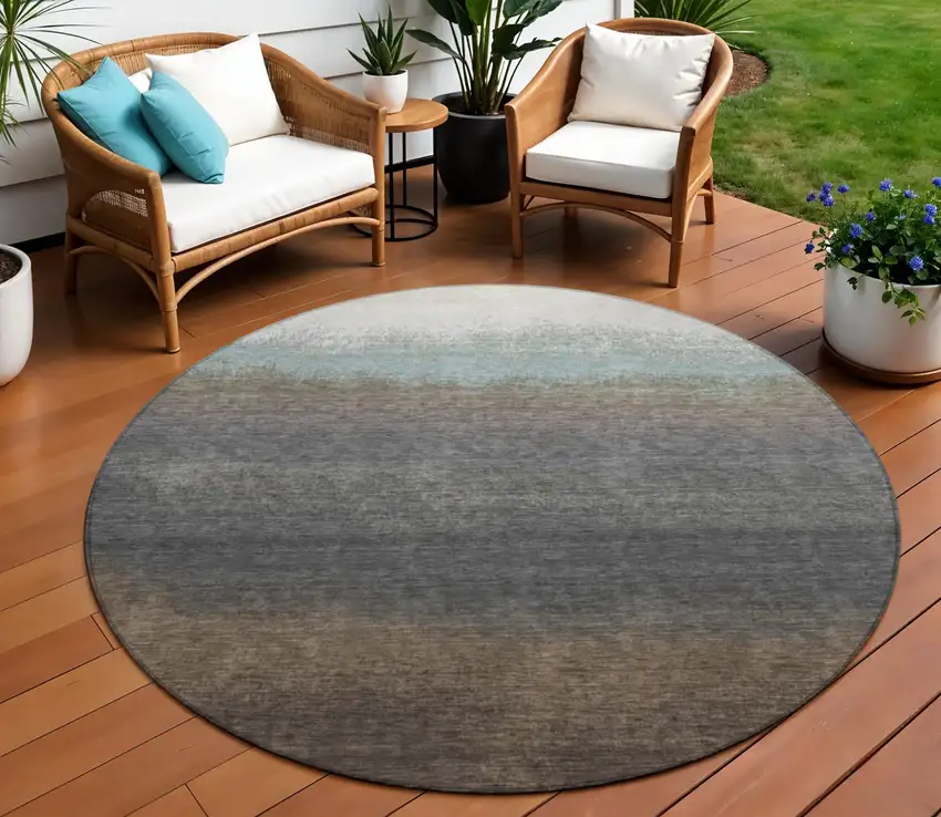8' Brown And Beige Round Ombre Washable Indoor Outdoor Area Rug Photo 2