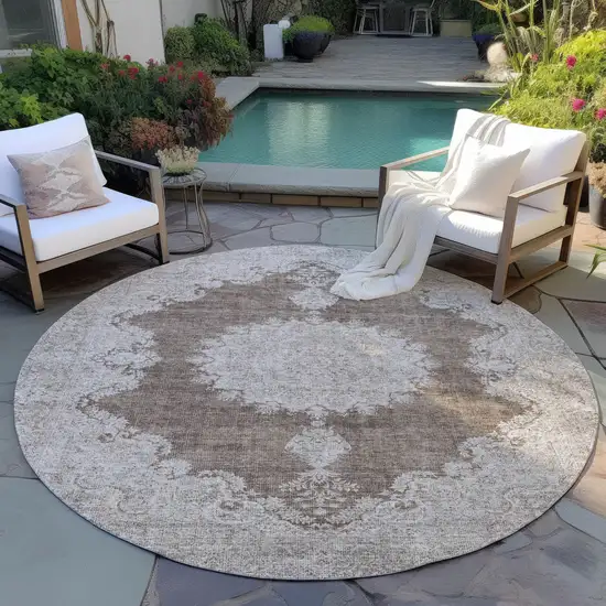 8' Brown And Beige Round Oriental Washable Indoor Outdoor Area Rug Photo 6