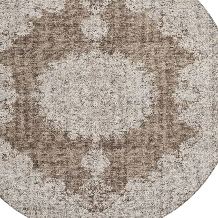 8' Brown And Beige Round Oriental Washable Indoor Outdoor Area Rug Photo 4