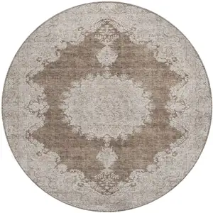 Photo of 8' Brown And Beige Round Oriental Washable Indoor Outdoor Area Rug