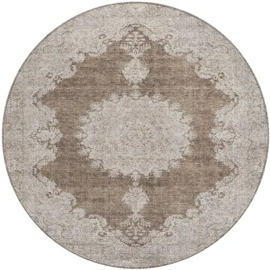 8' Brown And Beige Round Oriental Washable Indoor Outdoor Area Rug Photo 2
