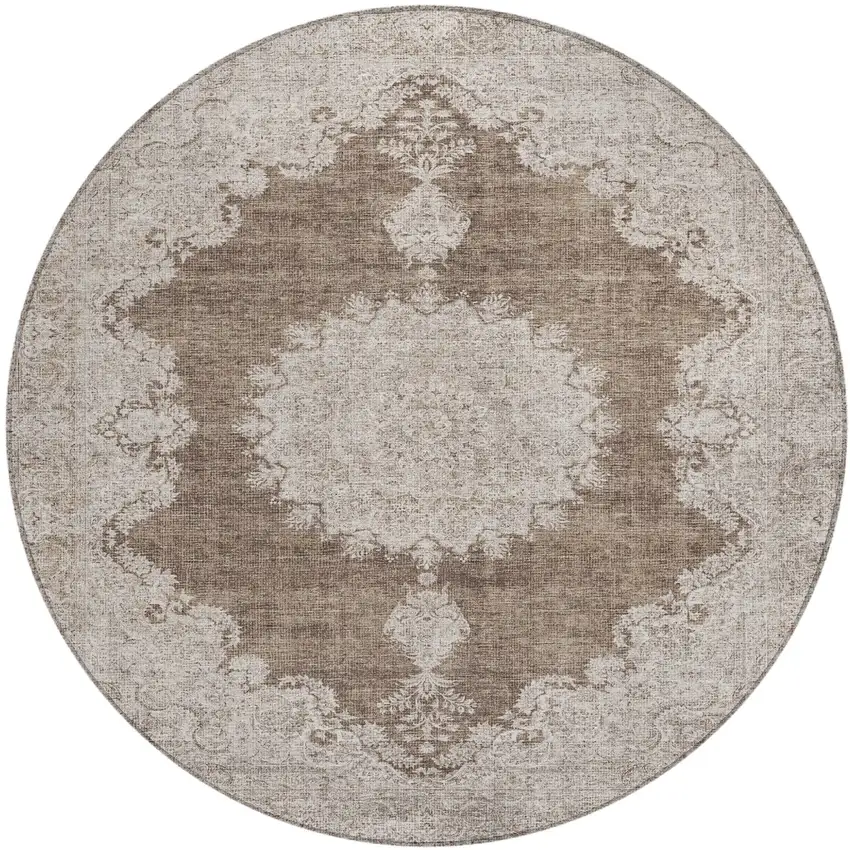 8' Brown And Beige Round Oriental Washable Indoor Outdoor Area Rug Photo 2