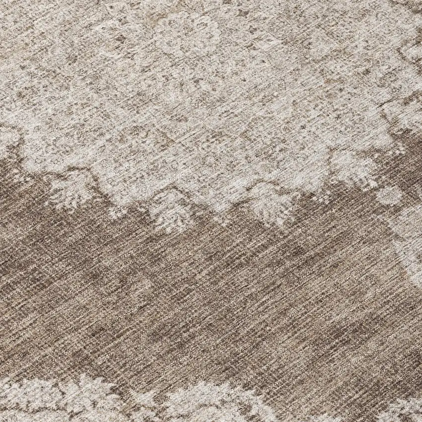 8' Brown And Beige Round Oriental Washable Indoor Outdoor Area Rug Photo 8