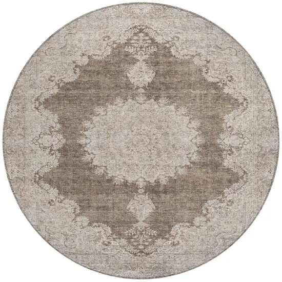 8' Brown And Beige Round Oriental Washable Indoor Outdoor Area Rug Photo 5
