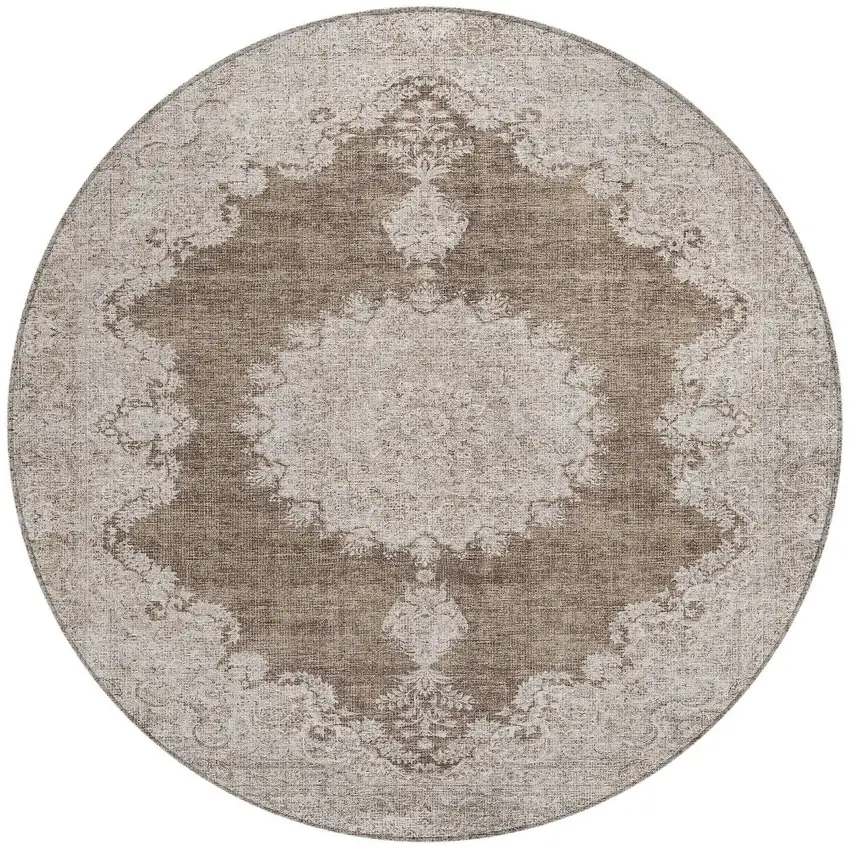 8' Brown And Beige Round Oriental Washable Indoor Outdoor Area Rug Photo 5
