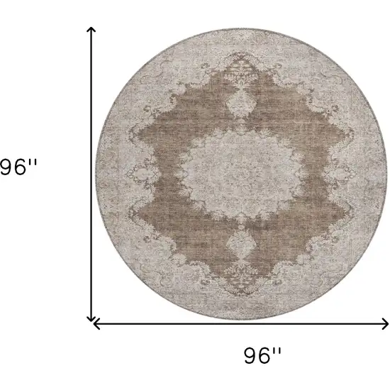 8' Brown And Beige Round Oriental Washable Indoor Outdoor Area Rug Photo 3