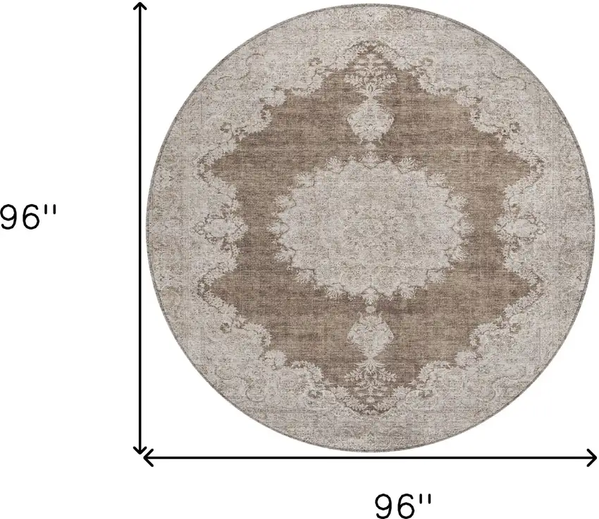 8' Brown And Beige Round Oriental Washable Indoor Outdoor Area Rug Photo 3