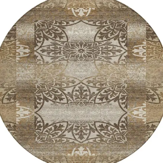 8' Brown And Beige Round Oriental Washable Indoor Outdoor Area Rug Photo 2