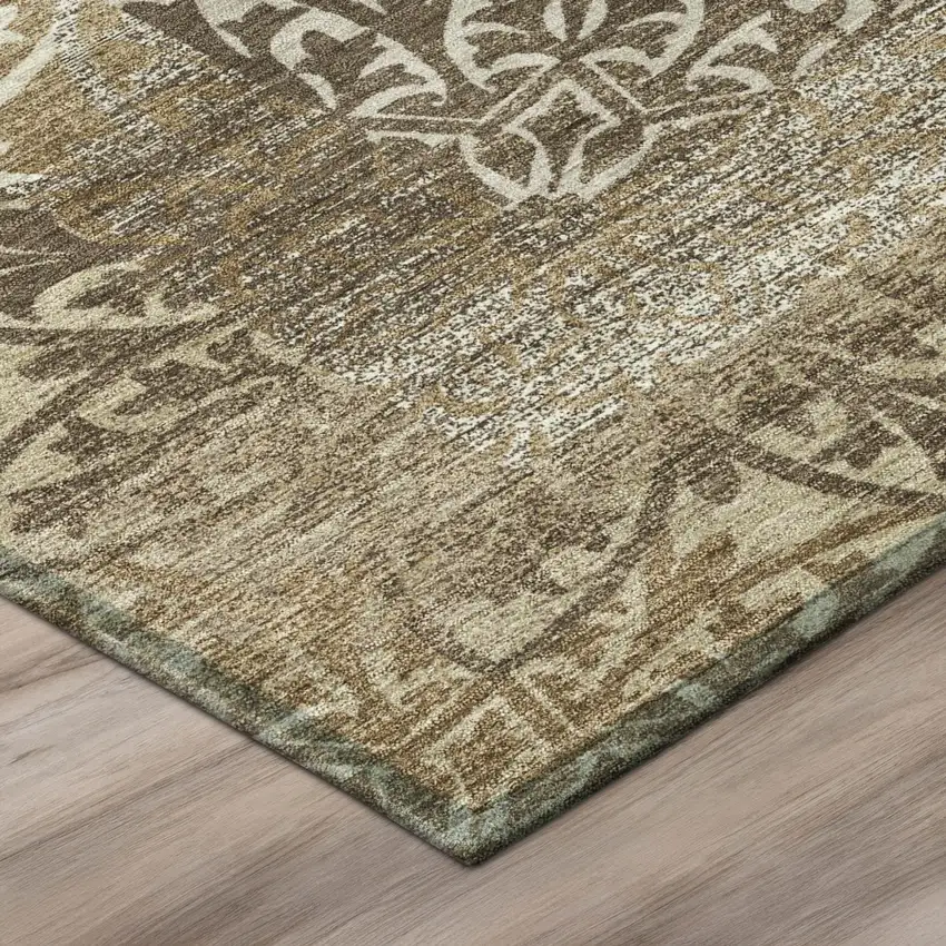 8' Brown And Beige Round Oriental Washable Indoor Outdoor Area Rug Photo 4
