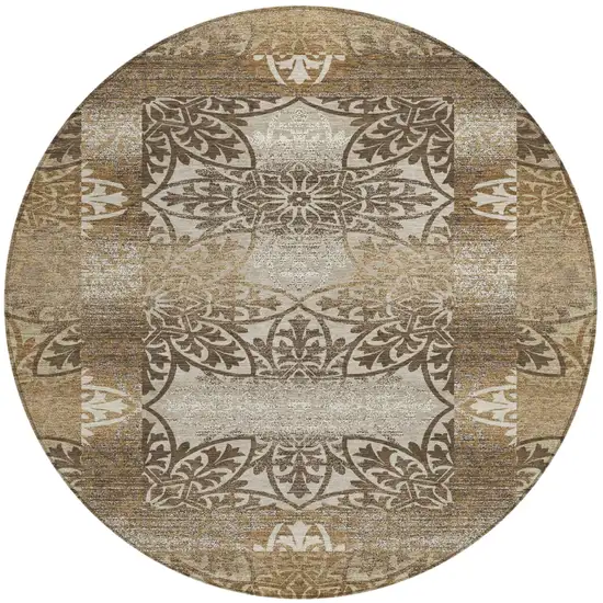 8' Brown And Beige Round Oriental Washable Indoor Outdoor Area Rug Photo 1